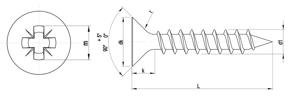 Chipboard Pozi Countersunk Screws Technical Drawing