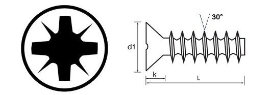 Pozi Countersunk Head Thread Forming Screw 30 Degree Technical Drawing