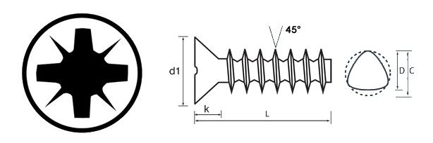 Pozi Countersunk Head Thread Forming Screw 45 Degree Technical Drawing