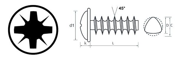 Pozi Flange Head Thread Forming Screw 45 Degree Technical Drawing