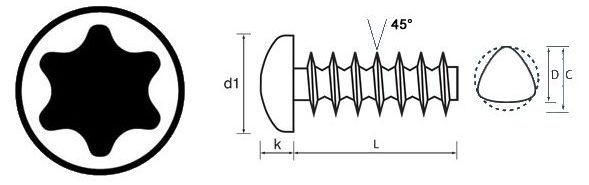 TX Pan Head Thread Forming Screw 45 Degree Technical Drawing