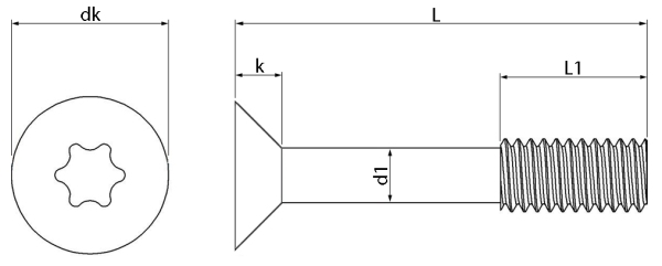 TX Countersunk Reduced Thread Captive Screws Technical Drawing