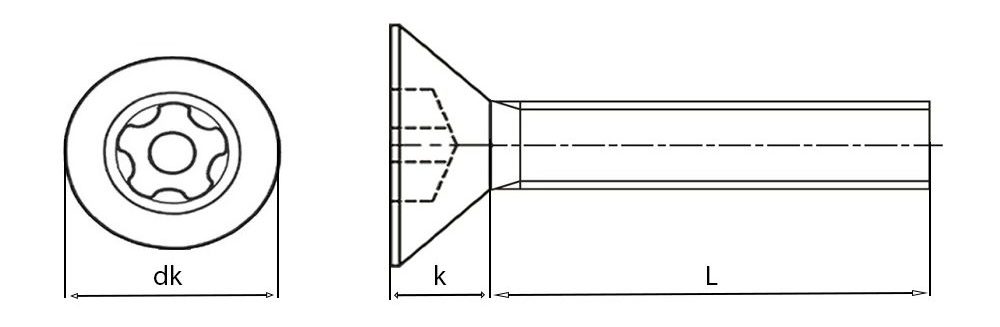 5 Lobe Pin TX Countersunk Security Screws Technical Drawing