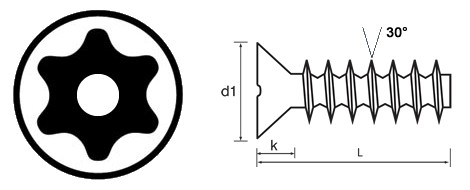 6 Lobe Pin TX Countersunk Thread Forming Security Screw Technical Drawing