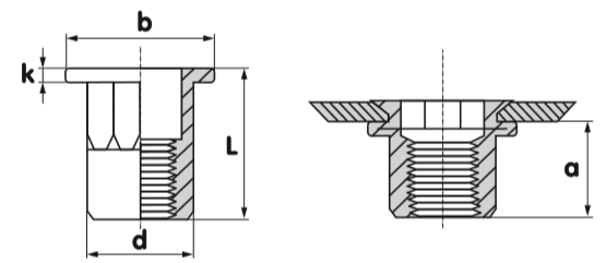 US Style Rivet Nut Flange Head Half Hex Open End Technical Drawing