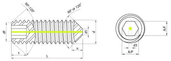 Vented Socket Set Screw Cone Point Technical Drawing