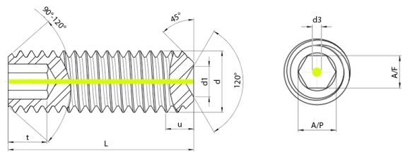 Vented Socket Set Screw Cup Point Technical Drawing
