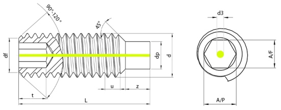 Vented Socket Set Screw Dog Point Technical Drawing