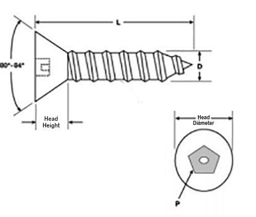 countersunk self tapping pin pentagon technical drawing