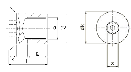 Pin Hex Countersunk Security Barrel Nuts technical drawing 