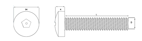 pin pentagon pan security machine screw technical drawing