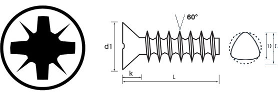 pozi countersunk thread forming screw 60 degree technical drawing